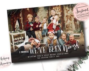 May include: Christmas card design featuring a family portrait with the text "We've Been Nice-ish." The card includes the phrase "Wishing you a very Merry Christmas" and the family name and year. The image has a rustic background.