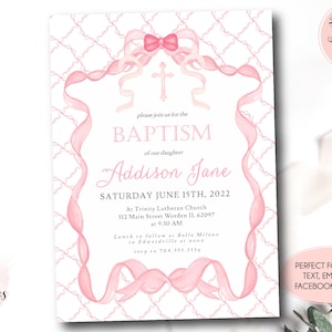 Pink Baptism invitation, First Communion Invite, INSTANT download, Girl Baptism Invitation, pink, DIY, edit yourself, pink bow baptism