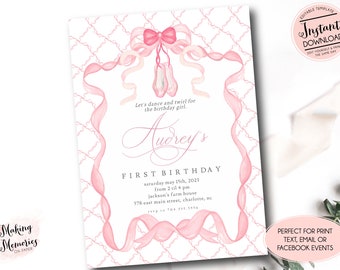 Utskrivbar ballerinafödelsedagsinbjudan, dansfödelsedagsinbjudan, redigerbar ballerinabalettdansösfödelsedag, preppy rosettfödelsedagsinbjudan