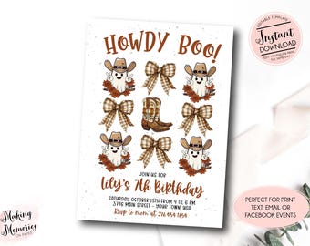 Halloween Birthday Party Invitation, Coquette Pumpkin Bow, Cowgirl halloween invitation, Western Fall Birthday, Digital Instant download