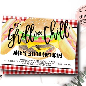 May include: A party invitation with a watercolor illustration of a hamburger and hot dogs. The invitation reads "Let's Grill and Chill for Jack's 30th Birthday." The design includes a red and white checkered border and event details.