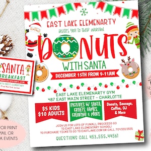 Donuts with Santa Fundraiser, Donut Breakfast With Santa Flyer Template, Muffins with santa, Meet Santa flyer, pancakes with Santa Breakfast