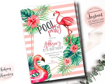 Pool Party Invitation, Tropical Pool Party, Flamingo Birthday Invitation, Instant Download, Editable, Summer, Tropical, Hawaiian, Swimming