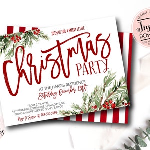May include: A Christmas party invitation with red and white stripes and watercolor greenery. The invitation reads "Christmas Party" in a festive script, with event details and "Instant Download" text.
