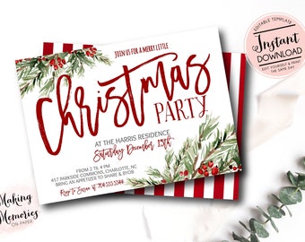 Christmas Party Invitation, Christmas Greenery Editable Invitation Holiday Party Invite, Instant Download, Kraft Christmas Invite