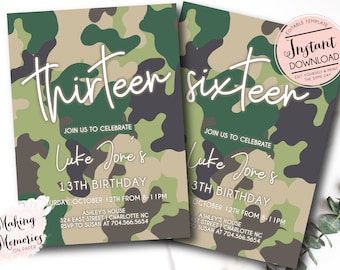 Camo Birthday Invitation, camo party, camo invite, hunting birthday invitation, boy teen birthday invitation, Editable,  Instant Download