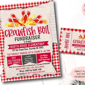 Dépliant de collecte de fonds pour langoustes, flyer et billet modifiables pour l'ébullition des écrevisses, oeuvre de charité pour école-église, bénéfice des fruits de mer, faible ébullition locale