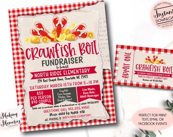 May include: A red and white checkered background with a torn paper flyer announcing a crawfish boil fundraiser to benefit North Ridge Elementary. The flyer includes details such as the date, time, location, and ticket prices. A smaller ticket with the same design is also included.