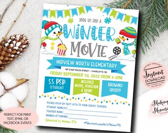 May include: A printable invitation for a winter movie night, featuring snowman illustrations and the text "Winter Movie." The invitation includes event details such as date, time, and location for a school event.