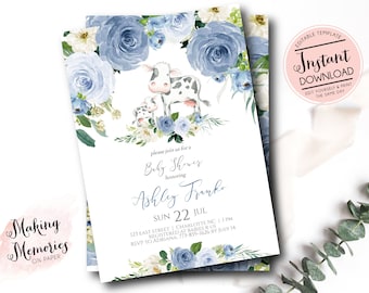 Cow baby shower invitation, baby cow farm shower invite, Boy cow baby Shower, blue flowers, INSTANT download edit yourself, blush, etb
