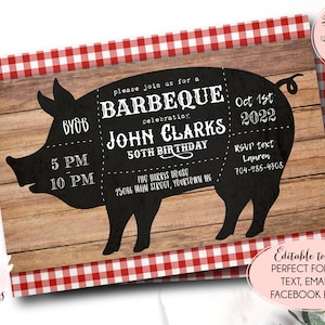 BBQ Birthday Invitation, BBQ Pig Invite, Barbecue Invite, backyard BBQ, Summer Adult birthday, Edit yourself instant download, Man birthday