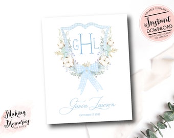 Printable Watercolor Monogram Crest, Hospital Door Sign, Bassinet, Nursery art, Floral Hospital Sign, Boy Monogram & Name, birth stats