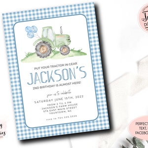 Editable Tractor Birthday invitation, blue farm birthday invitation, Printable Invitation, green Tractor birthday party, Instant download