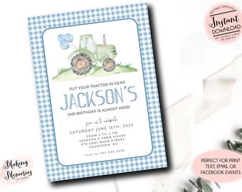 Editable Tractor Birthday Invitation, Blue Farm Birthday Invitation ...