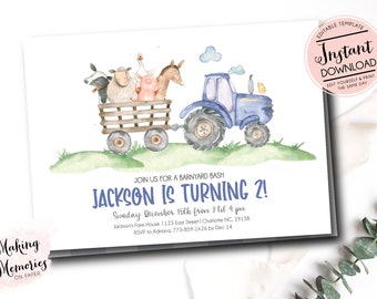 Blue Tractor Birthday invitation, farm birthday invitation, Printable Invitation, Tractor birthday, Tractor party, Editable instant download