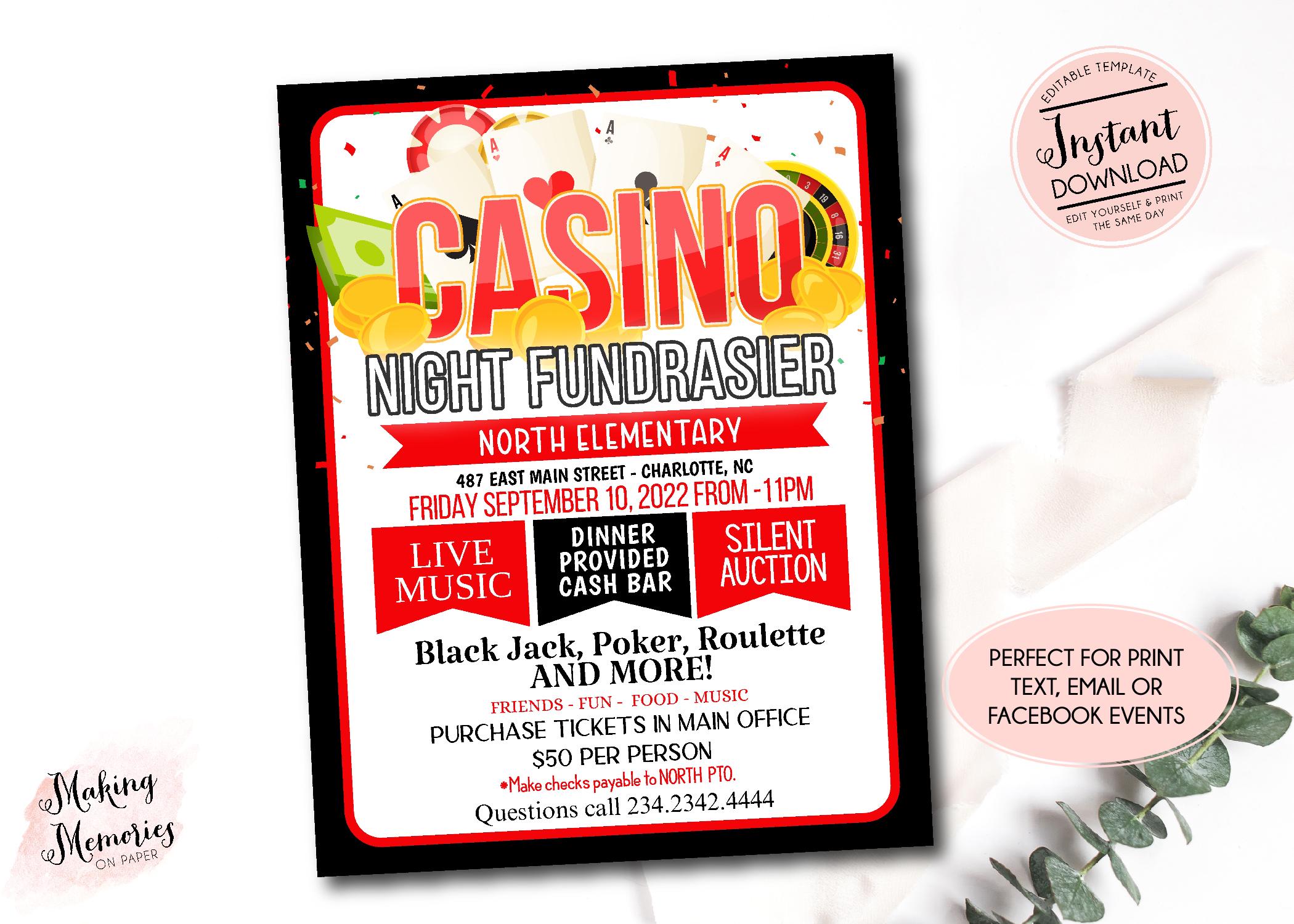 Flyer casinoavond, fundraiser casinoavond, fundraiser casino, familie-avond, pokeravond, avondje uit voor ouders, v.v., INSTANT DOWNLOAD
