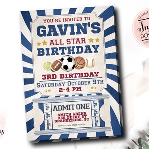All-star Sports Birthday Invitation, Vintage Sports birthday invitation, Sports Ticket Birthday invite, soccer, football, baseball, basket