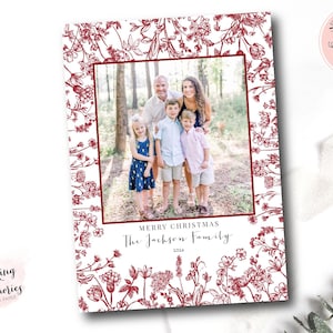 Kerstkaartsjabloon, aquarel rode en witte toile kerstfotokaart, afdrukbare kerstfotokaart, Grandmillennial rood