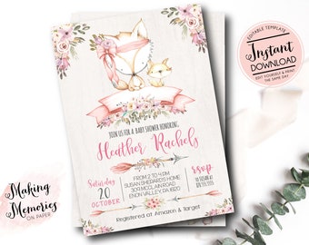 Fox Baby Shower Invitation, woodland fox invitation, pink fox invite, baby Fox baby shower invite, boho, rustic, instant download, Template