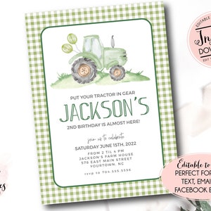 green Tractor Birthday invitation, farm birthday invitation, Printable Invitation, Tractor birthday,Tractor party, Editable instant download