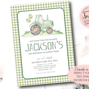 green Tractor Birthday invitation, farm birthday invitation, Printable Invitation, Tractor birthday,Tractor party, Editable instant download