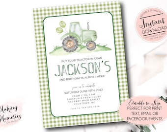 green Tractor Birthday invitation, farm birthday invitation, Printable Invitation, Tractor birthday,Tractor party, Editable instant download