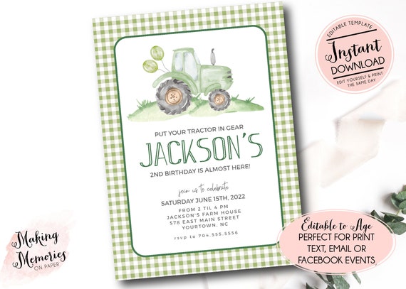 green Tractor Birthday invitation, farm birthday invitation, Printable Invitation, Tractor birthday,Tractor party, Editable instant download