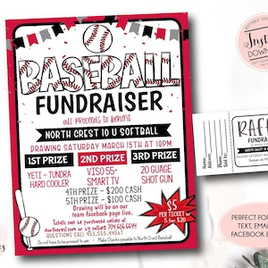 Bearbeitbare Baseball-Spendenaktionsvorlage, Sport-Spendenaktion, Baseball-Verlosungsticket-Flyer, Schulbaseball-Spendenaktion, Raffle-Eintrittskarten, Reisen