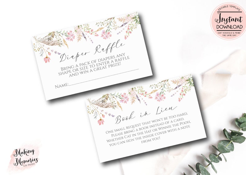 May include: Two printable cards with floral designs. The first card says "Diaper Raffle" and asks guests to bring a pack of diapers to enter a raffle. The second card says "Book in Lieu" and asks guests to bring a book instead of a card.