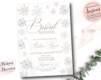 Winter Bridal Shower Invitation Template, Snowflake Bridal Shower Invite, Snowflake Invitation, Snow In Love Shower, Silver Snowflakes