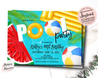 Peut inclure: Invitation à une fête à la piscine avec un fond bleu, un flotteur pastèque, un anneau gonflable jaune et deux ballons de plage. Le texte indique "Rejoignez-nous pour une fête à la piscine pour célébrer le 40e anniversaire d'Ashley, samedi 15 juin 2021".