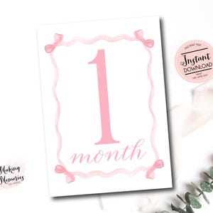 Tarjetas mensuales de hitos para niña, tarjetas mensuales de hitos con diseño de cuadros vichy y acuarela para niña, tarjetas de hitos con lazo rosa, descarga instantánea preppy