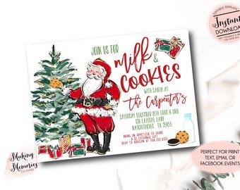 May include: A Christmas invitation with Santa Claus, a Christmas tree, and gifts. The invitation text reads "Join us for milk & cookies with Santa". Includes the date, time, and location of the event.