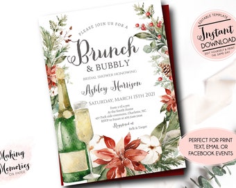 May include: A bridal shower invitation with watercolor illustrations of champagne, poinsettias, and greenery. The invitation includes the text "Brunch & Bubbly" and event details. The design is festive and suitable for print, email, or social media.