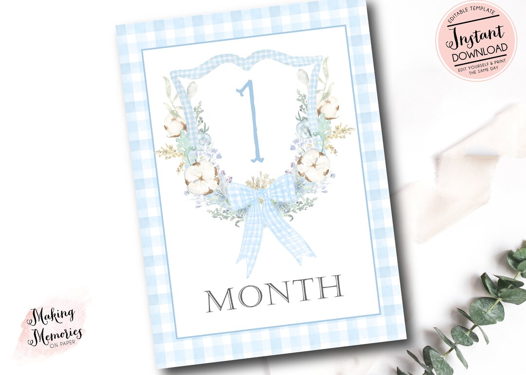 Boy Monthly Milestone Cards, Baby Boy Watercolor Crest Monthly ...