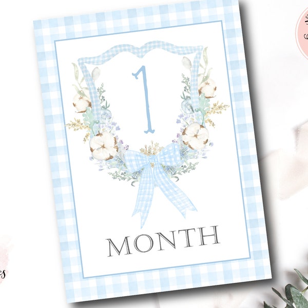 Boy Monthly Milestone Cards, Baby Boy Watercolor Crest Monthly Milestone Cards, Cotton Grandmillennial Milestone Cards, Instant Download