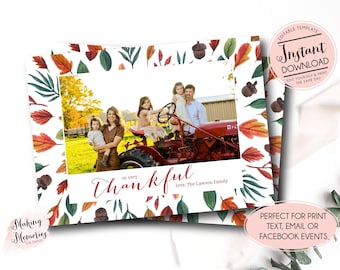 Thanksgiving Photo Card Template, Thankful photo card, Fall Photo Card, Printable Thanksgiving Greeting Card, Holiday Photo Card Editable
