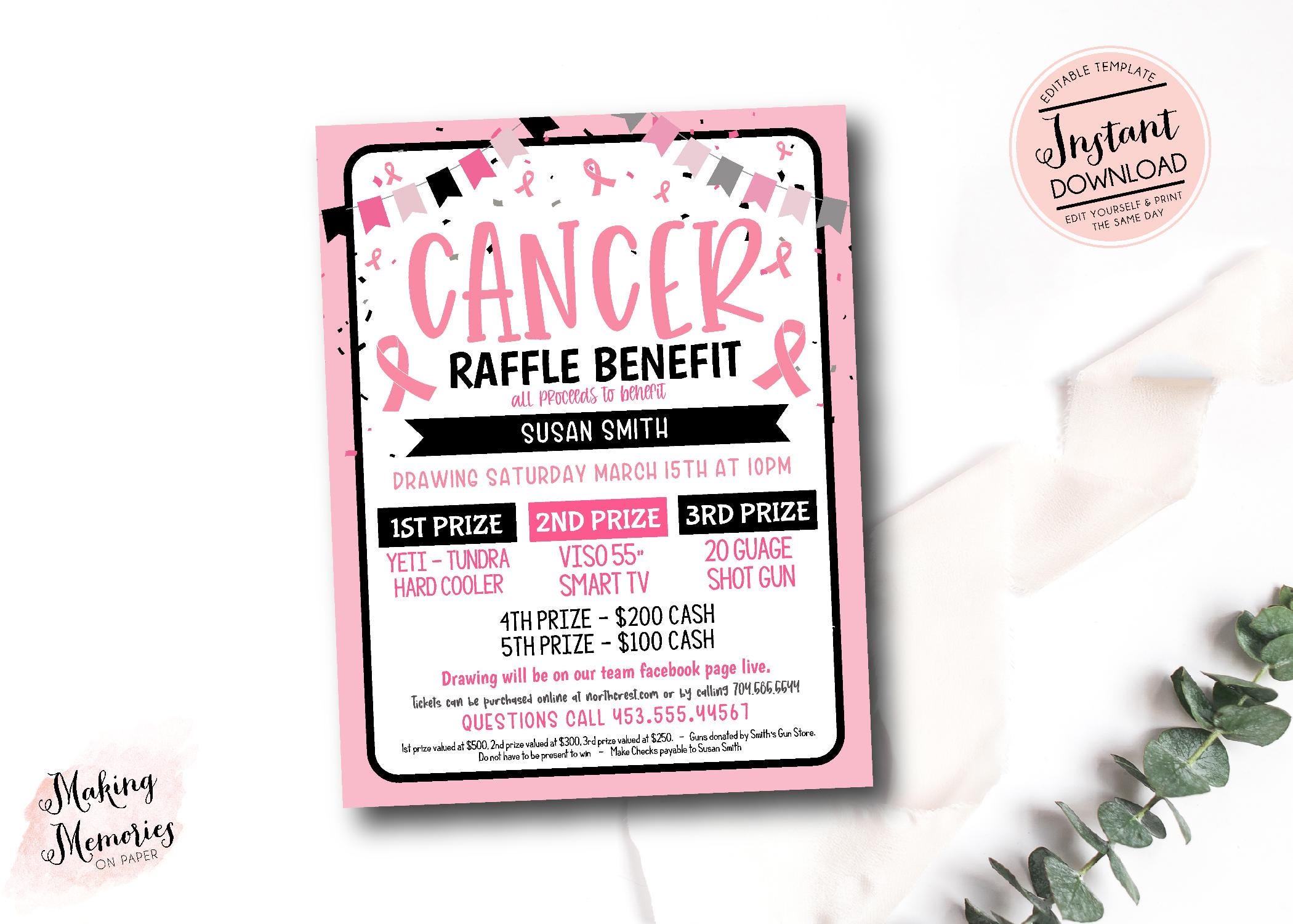 Cancer Raffle Ticket Fundraiser Flyer, Editable Cancer Raffle ...