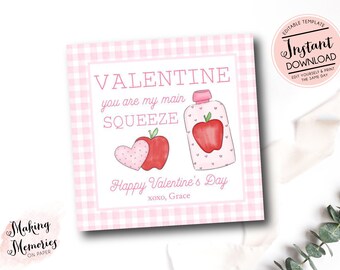 Applesauce Valentine, Applesauce Valentine Card, Pink Applesauce Pouch Tag, Preschool Valentine Cards, School Valentine Favor Tags, Gingham
