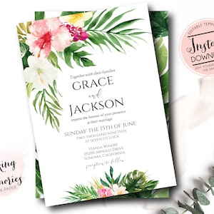 Tropical Wedding Invitation, Hawaiian Wedding Invitation, Tropical Destination Wedding Invitation, Edit yourself Instant Download Template