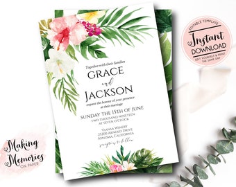 Tropical Wedding Invitation, Hawaiian Wedding Invitation, Tropical Destination Wedding Invitation, Edit yourself Instant Download Template