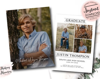 Graduation Announcement, Boy Graduation Invitation, Boy Graduation Announcement, Printable Graduation, INSTANT DOWNLOAD, Editable Template