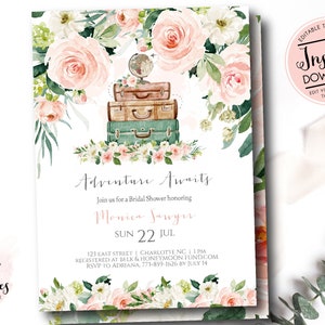 Travel shower invitation, Adventure Awaits Bridal shower invite, Wanderlust Luggage, Honeymoon shower,   Editable Instant Download et3