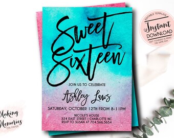 Sweet Sixteen uitnodiging, Ombre Verjaardag Uitnodiging, Roze en Teal Tiener verjaardag uitnodiging, bewerk jezelf download Sjabloon, 16e verjaardag