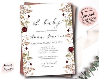 Fall Baby Shower Invitation, Autumn baby shower, oh baby fall baby shower invitation, INSTANT DOWNLOAD, Watercolor fall Floral Invite