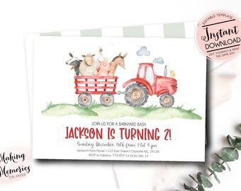 Red Tractor Birthday invitation, farm birthday invitation, Printable Invitation, Tractor birthday, Tractor party, Editable instant download