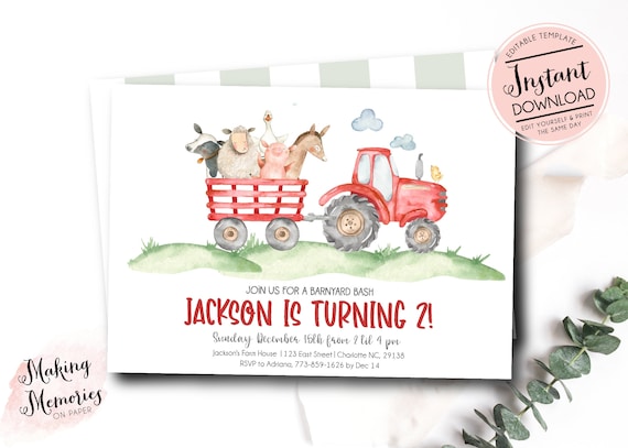 Red Tractor Birthday invitation, farm birthday invitation, Printable Invitation, Tractor birthday, Tractor party, Editable instant download