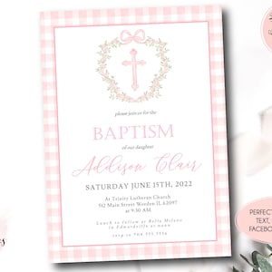 Editable Baptism Crest Invitation, Watercolor Pink Gingham Baptism Invite, girl Traditional cross Baby Dedication, First Communion Invite