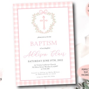 Editable Baptism Crest Invitation, Watercolor Pink Gingham Baptism Invite, girl Traditional cross Baby Dedication, First Communion Invite