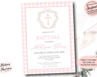 May include: Pink and white gingham pattern printable baptism invitation with a floral wreath and cross. The invitation reads "Please join us for the Baptism of our daughter Addison Clair, Saturday June 15th, 2022, at Trinity Lutheran Church, 512 Main Street Worden IL 62097 at 9:30 AM. Lunch to follow at Bella Milane in Edwardsville at noon. RSVP to 704.555.5556."